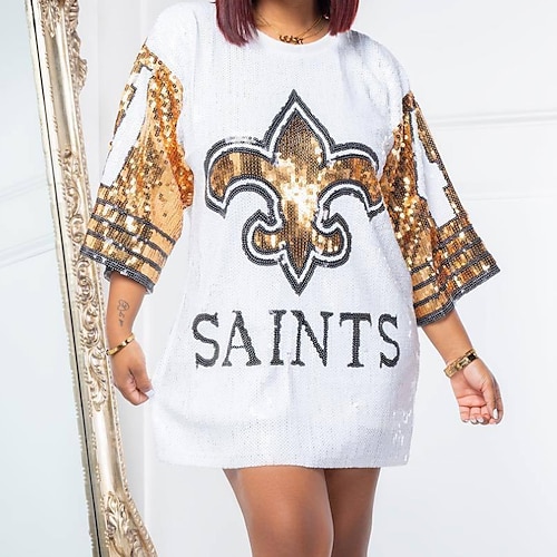 

Women's Casual Dress T Shirt Dress Tee Dress Short Mini Dress White 3/4 Length Sleeve Geometric Letter Sequins Fall Winter Round Neck Casual 2022 One-Size