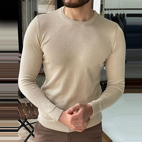 

Men's Pullover Sweater Jumper Ribbed Knit Cropped Knitted Solid Color Crew Neck Keep Warm Modern Contemporary Work Daily Wear Clothing Apparel Spring & Fall Khaki S M L