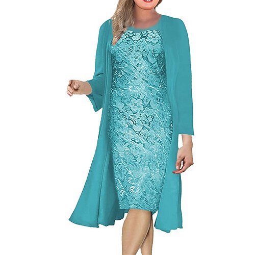 

Women's Plus Size Lace Dress Pure Color Crew Neck Long Sleeve Fall Winter Work Elegant Knee Length Dress Work Work Dress Dress / Dress Set