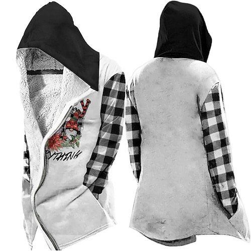 

Men's Jacket Fleece Lining With Pockets Daily Wear Vacation Going out Zipper Hoodie Streetwear Casual Comfort Jacket Outerwear Plaid Letter Santa Claus Front Pocket Fleece Print Gray