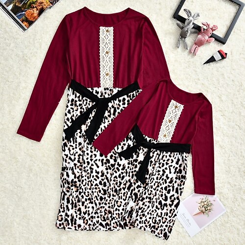 

Mommy and Me Dresses Leopard Causal Wine Long Sleeve Knee-length Daily Matching Outfits
