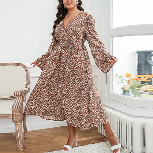 

Women's Plus Size A Line Dress Floral V Neck Long Sleeve Winter Fall Stylish Elegant Casual Maxi long Dress Daily Vacation Dress
