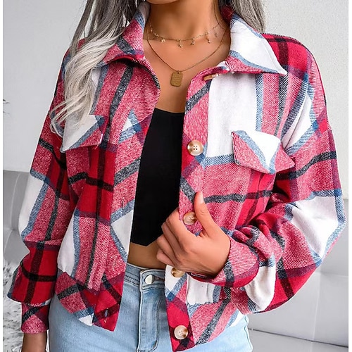 

Women's Casual Jacket Comfortable Street Casual Button with Pockets Single Breasted Turndown Street Style Plaid Loose Fit Outerwear Long Sleeve Fall Spring Green Black Blue S M L XL XXL