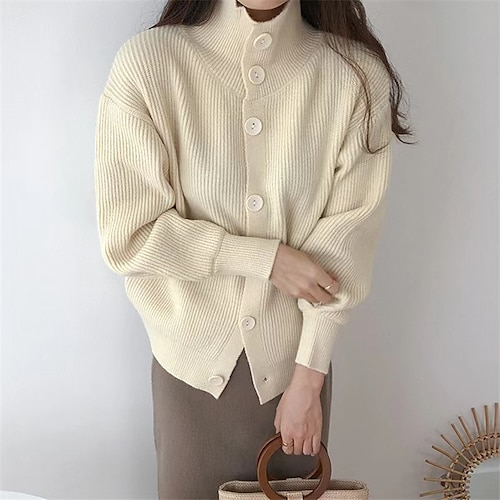 

Women's Cardigan Sweater Jumper Ribbed Knit Button Knitted Pure Color Shirt Collar Stylish Casual Outdoor Daily Winter Fall Black Khaki One-Size / Long Sleeve