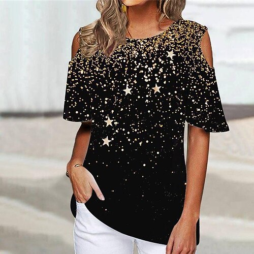 

Women's T shirt Tee Stars Basic Round Neck Standard Winter Multicolor