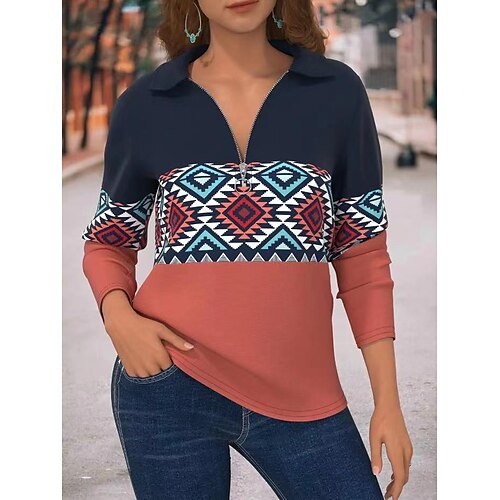 

Women's Sweatshirt Vintage Ethnic Zipper Blue Graphic Geometric Tribal Home V Neck Long Sleeve S M L XL 2XL 3XL