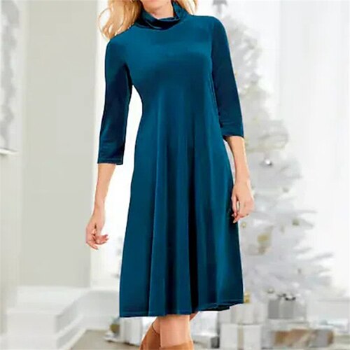

Women's Velvet Dress Casual Dress Midi Dress Blue 3/4 Length Sleeve Pure Color Velvet Fall Winter High Neck Elegant Casual 2022 S M L XL XXL