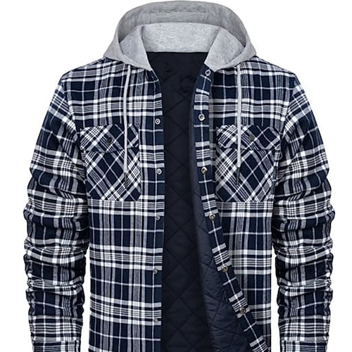 

Men's Puffer Jacket Winter Jacket Quilted Jacket Shirt Jacket Winter Coat Warm Casual Plaid / Check Outerwear Clothing Apparel Black Black White Blue