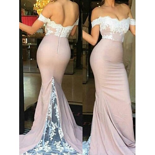 

Mermaid / Trumpet Bridesmaid Dress Off Shoulder Short Sleeve Beautiful Back Court Train Lace / Stretch Chiffon with Lace / Solid Color 2022