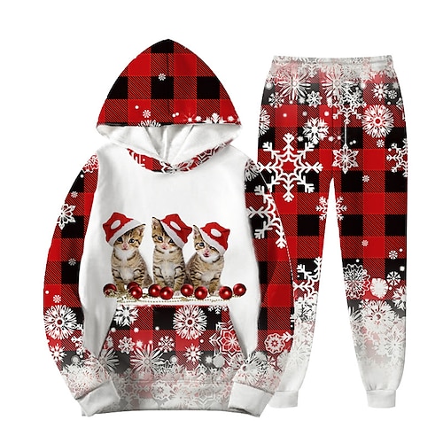 

2 Pieces Kids Girls' Ugly Christmas Plaid Pants Suit Set Long Sleeve Vacation Christmas Gifts 7-13 Years Winter Red White / Cute / Fall