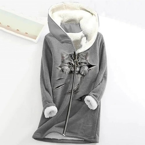

Women's Fleece Jacket Sherpa Fleece Teddy Zip Up Light Grey Gray Cat Butterfly Casual Hoodie Long Sleeve Fleece S M L XL XXL 3XL