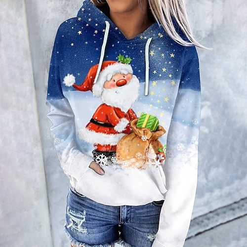 

Women's Hoodie Sweatshirt Pullover Streetwear Front Pocket Blue Graphic Christmas Hoodie Long Sleeve S M L XL 2XL 3XL