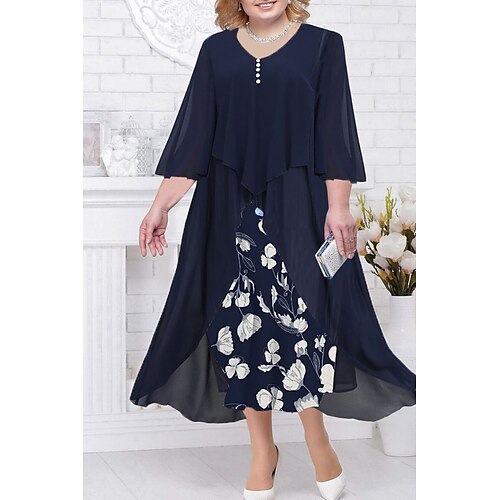 

Women's Plus Size Curve Work Dress Floral V Neck Ruched 3/4 Length Sleeve Spring Fall Work Elegant Midi Dress Formal Vacation Dress / Layered / Print