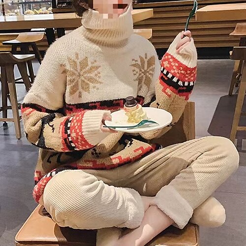 

Women's Ugly Christmas Sweater Pullover Sweater Jumper Ribbed Knit Knitted Elk Turtleneck Stylish Casual Outdoor Christmas Winter Fall Green Khaki One-Size / Cotton / Long Sleeve / Weekend / Cotton