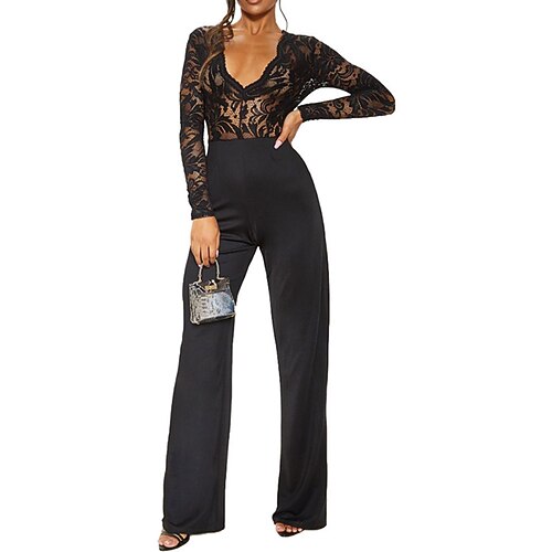 

Women's Jumpsuit Lace High Waist Solid Color V Neck Elegant Party Going out Regular Fit Long Sleeve Black S M L Fall