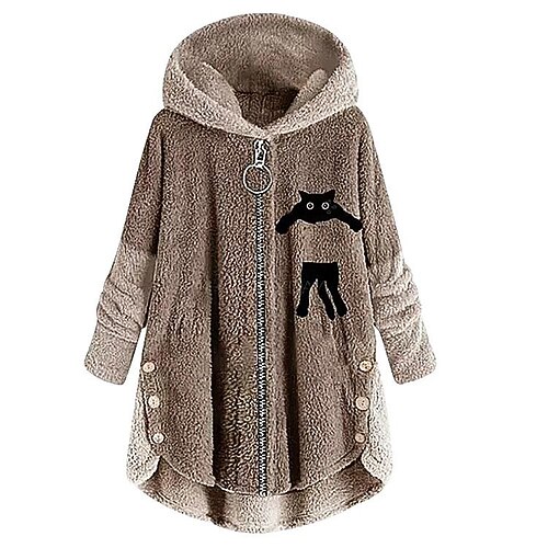 

Women's Hoodie Sweatshirt Pullover Sherpa Fleece Teddy Zip Up Green Pink khaki Cat Loose Fit Street Hoodie Long Sleeve Fleece XL 2XL 3XL / Fleece lined