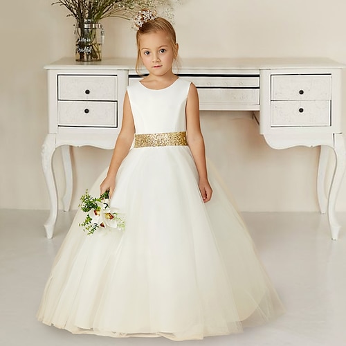 

First Communion Wedding Party Princess Flower Girl Dresses Jewel Neck Floor Length Sequined with Bow(s) Buttons Sparkle & Shine Cute Girls' Party Dress Fit 3-16 Years