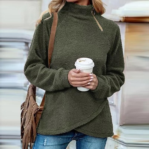 

Women's Sweatshirt Pullover Sherpa Fleece Teddy Zipper Green khaki Coffee Solid Color Street Round Neck Long Sleeve Fleece S M L XL