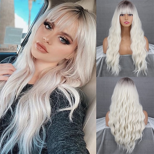 

parrucca bionda platino ombre con frangia parrucche bionde platino lunghe per le donne parrucca bianca platino lunga sintetica radici scure capelli da 24 pollici per uso quotidiano per cosplay di