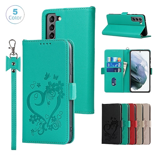 

Phone Case For Samsung Galaxy Wallet Card A53 A33 S22 Ultra Plus S21 FE S20 with Wrist Strap Card Holder Slots Magnetic Flip Heart Solid Colored TPU PU Leather