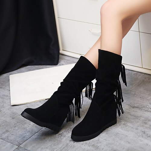 

Women's Boots Daily Tassel Shoes Plus Size Mid Calf Boots Winter Tassel Hidden Heel Round Toe Casual PU Loafer Solid Colored Black Brown