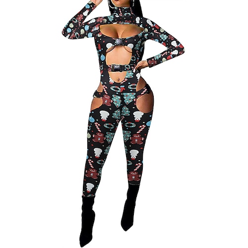 

Women's Jumpsuit Cut Out Ripped Print Stand Collar Sexy Home Christmas Regular Fit Long Sleeve Green Black Red S M L Winter