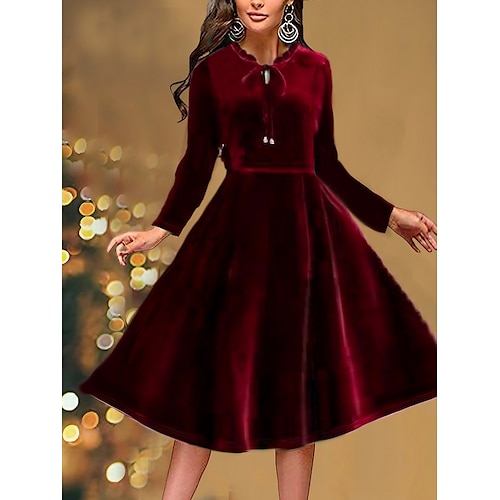 

Women's Velvet Dress Green Shift Dress Midi Dress claret Black Purple Long Sleeve Pure Color Lace up Ruffle Winter Fall Crew Neck Elegant Mature Fall Dress 2022 M L XL 2XL 3XL 4XL Winter Dress