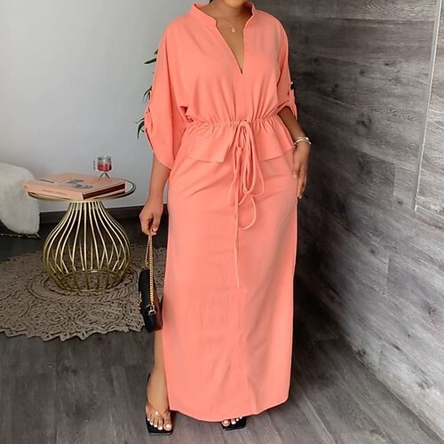 

Women's Casual Dress Shift Dress Long Dress Maxi Dress Black Blue Pink Half Sleeve Pure Color Split Winter Fall Autumn V Neck Modern Fall Dress 2022 S M L XL 2XL 3XL