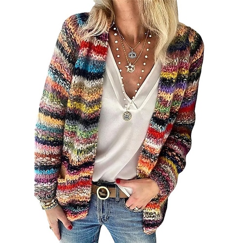 

Women's Cardigan Sweater Jumper Crochet Knit Knitted Rainbow Open Front Stylish Casual Outdoor Daily Winter Fall Blue Red S M L / Long Sleeve / Holiday / Regular Fit / Going out