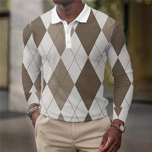 

Men's Collar Polo Shirt Golf Shirt Argyle Turndown Khaki 3D Print Street Casual Long Sleeve Button-Down Print Clothing Apparel Fashion Designer Casual Breathable