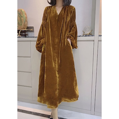 

Women's Velvet Dress Midi Dress Yellow Long Sleeve Pure Color Ruched Velvet Winter Fall V Neck Stylish Modern Fall Dress 2022 S M L XL XXL 3XL / Winter Dress