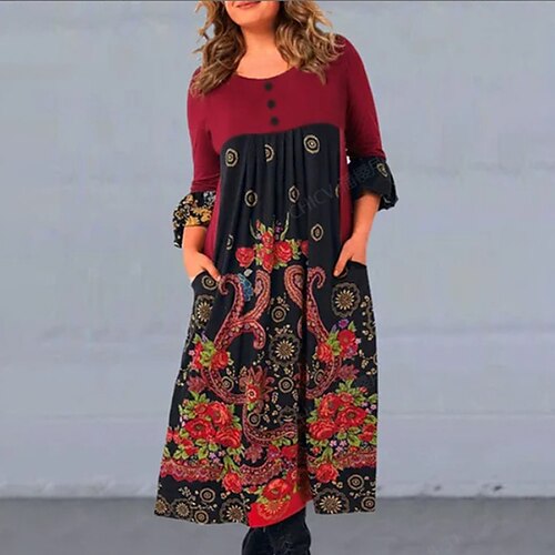 

Women's Casual Dress Midi Dress Black Red Gray Long Sleeve Floral Button Winter Fall Autumn Crew Neck Modern Winter Dress Weekend Fall Dress Loose Fit S M L XL XXL 3XL 4XL 5XL