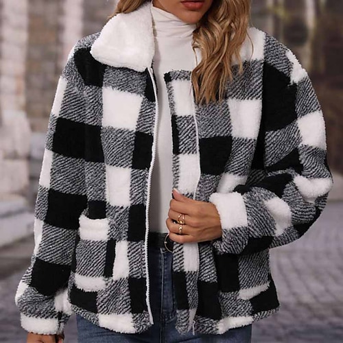

Women's Sherpa jacket Fleece Jacket Teddy Coat Warm Breathable Outdoor Daily Wear Vacation Going out Pocket Print Single Breasted Turndown Active Comfortable Street Style Plush Plaid Regular Fit