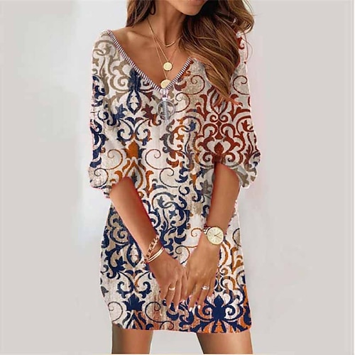 

Women's Sweatshirt Dress Winter Dress Beige Long Sleeve Floral Zipper Print Winter Fall V Neck Vacation Casual Fall Dress Loose Fit 2022 S M L XL XXL 3XL