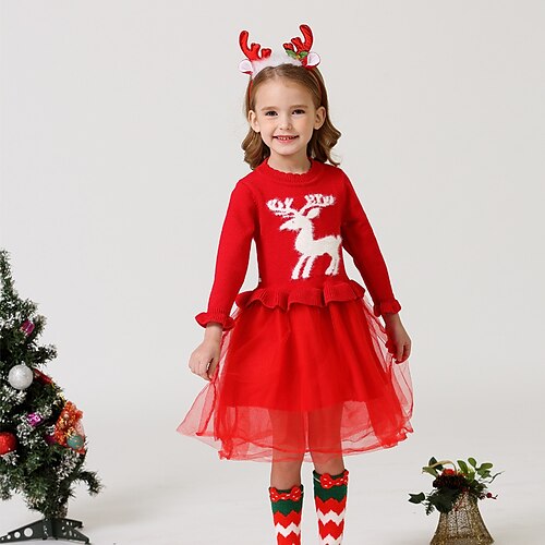 

Kids Girls' Ugly Christmas Dress Solid Color Animal Deer A Line Dress Christmas Gifts Pink Yellow Red Midi Long Sleeve Active Daily Dresses Christmas Winter Fall Regular Fit 3-7 Years