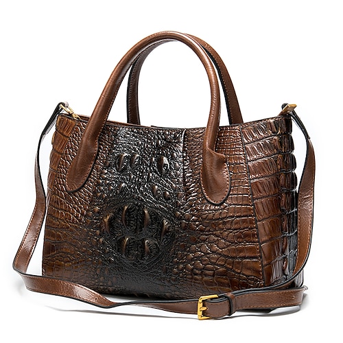 

Women's Top Handle Bag Shoulder Bag Nappa Leather Cowhide Zipper Solid Color Crocodile Daily Wine Red Brown Gray