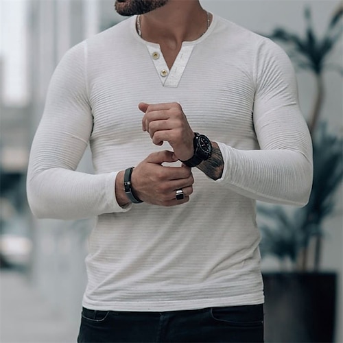 

Men's Henley Shirt Solid Color Henley White Holiday Vacation Long Sleeve Button-Down Clothing Apparel Lightweight Casual Comfortable / Spring / Fall