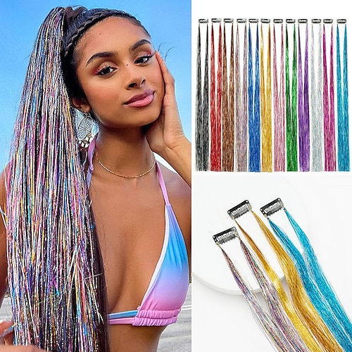 

20 inch Hair Tinsel Kit 12 Colors Upgraded Clip in Hair Tinsel Kit Glitter Hair Extensions Sparkling Shiny Hair Extensions Silk Fairy Hair Tinsel Strands Kit Hair