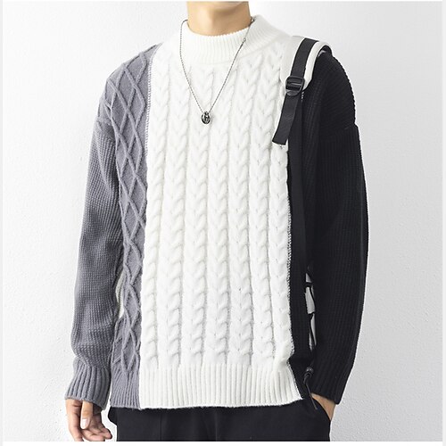 

Men's Pullover Sweater Jumper Ribbed Knit Cropped Knitted Color Block Crew Neck Keep Warm Modern Contemporary Work Daily Wear Clothing Apparel Spring & Fall Gray White M L XL