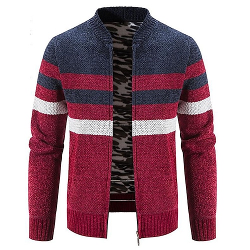 

Men's Cardigan Sweater Fleece Sweater Ribbed Knit Zipper Knitted Color Block Standing Collar Warm Ups Modern Contemporary Daily Wear Going out Clothing Apparel Fall & Winter Black Light Gray M L XL