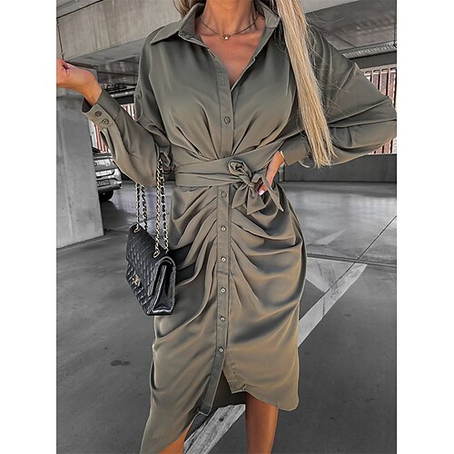 

Women's Shirt Dress Sheath Dress ArmyGreen Beige Black Long Sleeve Pure Color Ruched Button With Belt Winter Fall Shirt Collar Elegant Romantic Mature Fall Dress 2022 S M L XL 2XL 3XL / Winter Dress