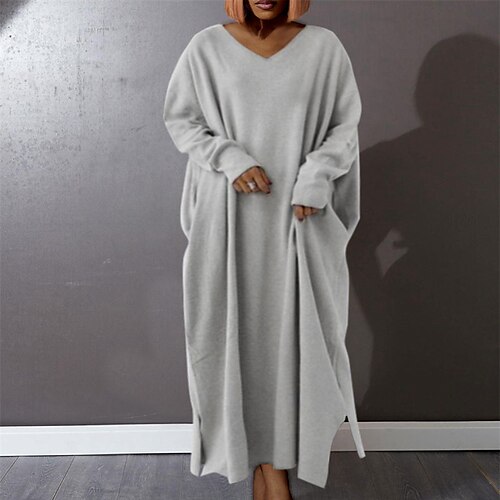 

Women's Plus Size Casual Dress Solid Color V Neck Long Sleeve Winter Fall Basic Casual Maxi long Dress Daily Vacation Dress