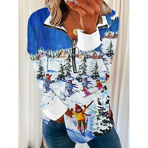 

Women's Sweatshirt Pullover Basic Zipper Green Blue Red Graphic Christmas V Neck Long Sleeve S M L XL 2XL