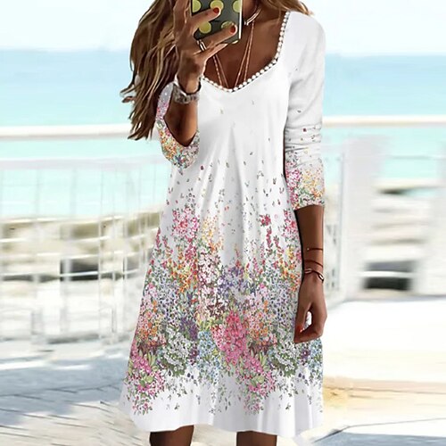 

Women's Casual Dress Floral Dress Midi Dress Light Blue White Long Sleeve Floral Print Winter Fall Autumn Square Neck Loose Fit 2022 S M L XL XXL