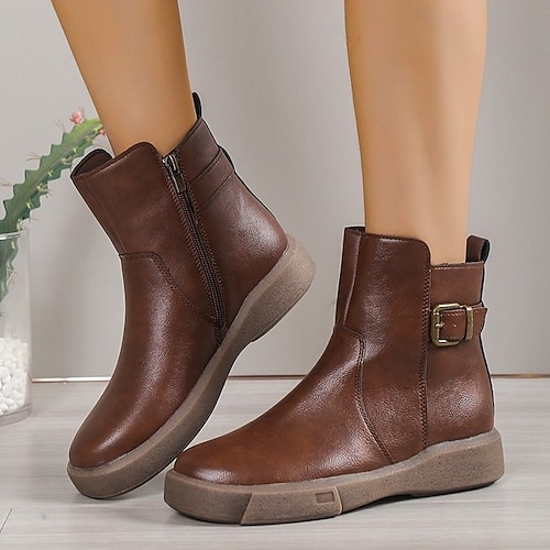 

Women's Boots Daily Plus Size Booties Ankle Boots Winter Block Heel Round Toe Casual Minimalism PU Leather Zipper Solid Colored Dark Brown Black