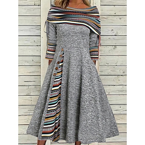 

Women's Swing Dress Midi Dress Midi Dress Gray 3/4 Length Sleeve Print Ruched Button Print Fall Winter Off Shoulder Stylish Modern 2022 S M L XL XXL 3XL