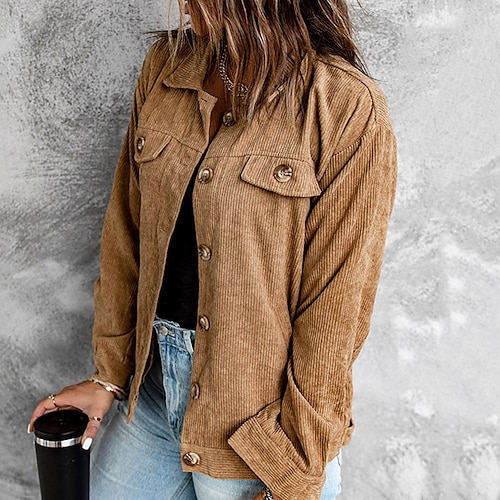 

Women's Casual Jacket Warm Breathable Outdoor Daily Wear Vacation Going out Button Pocket Single Breasted Turndown Active Comfortable Street Style Shacket Solid Color Regular Fit Outerwear Long Sleeve