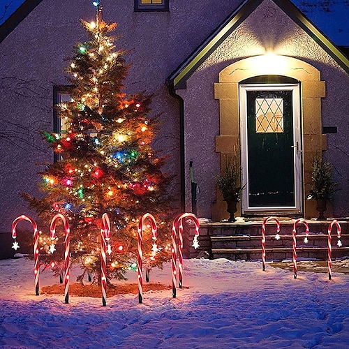 

8pcs Christmas Candy Cane Lights Outdoor Solar Star Garden Lights Waterproof Path Light Christmas Landscape Lawn Lamp for Walkway Garden New Year Holiday Outdoor Decoration