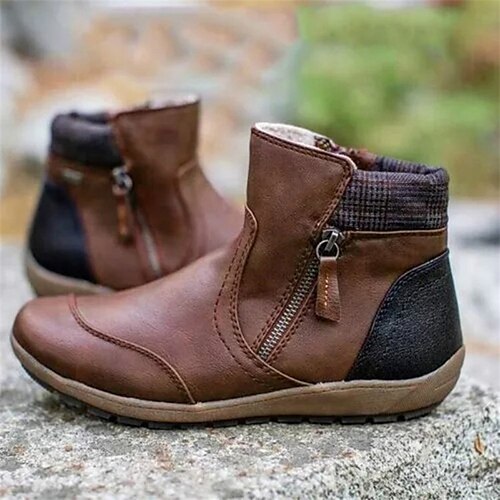 

Women's Boots Outdoor Daily Plus Size Booties Ankle Boots Winter Flat Heel Round Toe Vintage Casual Walking Shoes PU Leather Zipper Plaid Color Block Green Black Purple