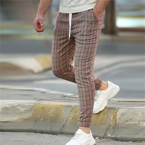 

Men's Joggers Trousers Casual Pants Plaid Drawstring Trousers Pocket Elastic Waist Grid / Plaid Comfort Soft Daily Holiday Streetwear Casual Dark Khaki Micro-elastic / Elasticity